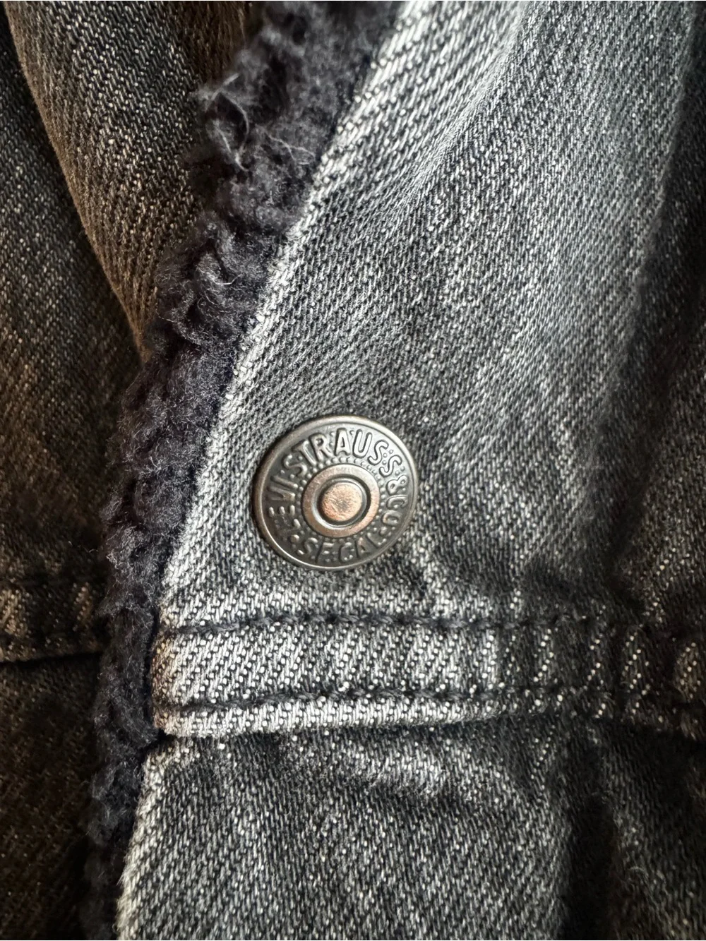 LEVIS SHERPA Jean Jacket Trucker Denim Stonewashed Cotton Black Warm Men's Large